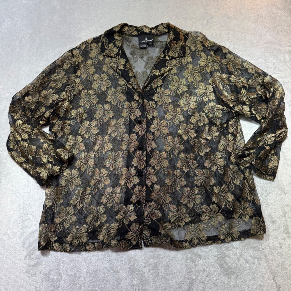 Vintage Carole Little Gold Floral Metallic Lace Sheer‎ Mesh Blouse Plus Size 22